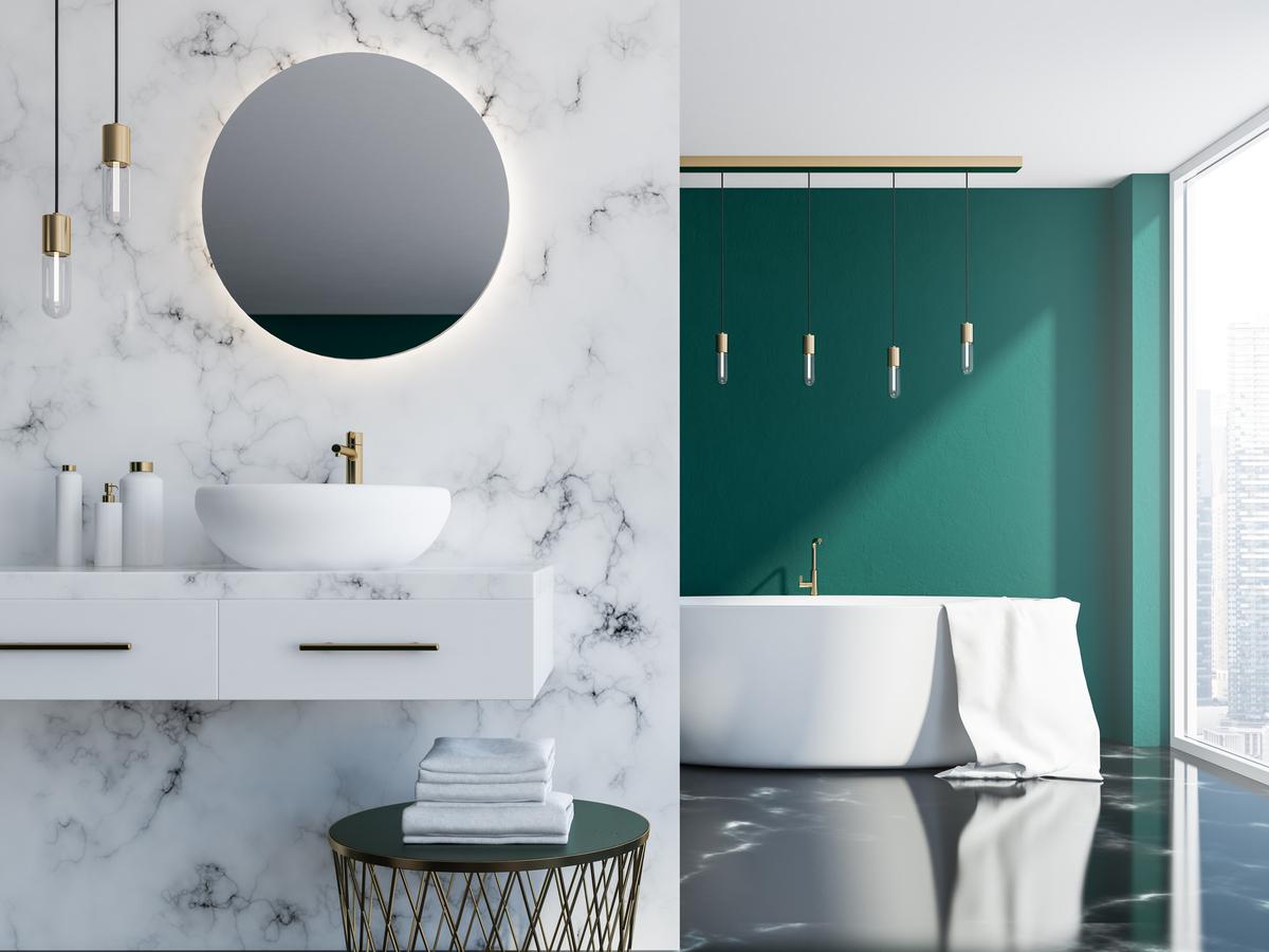 High-quality materials or more affordable imitations set the tone for a trendy bathroom design.