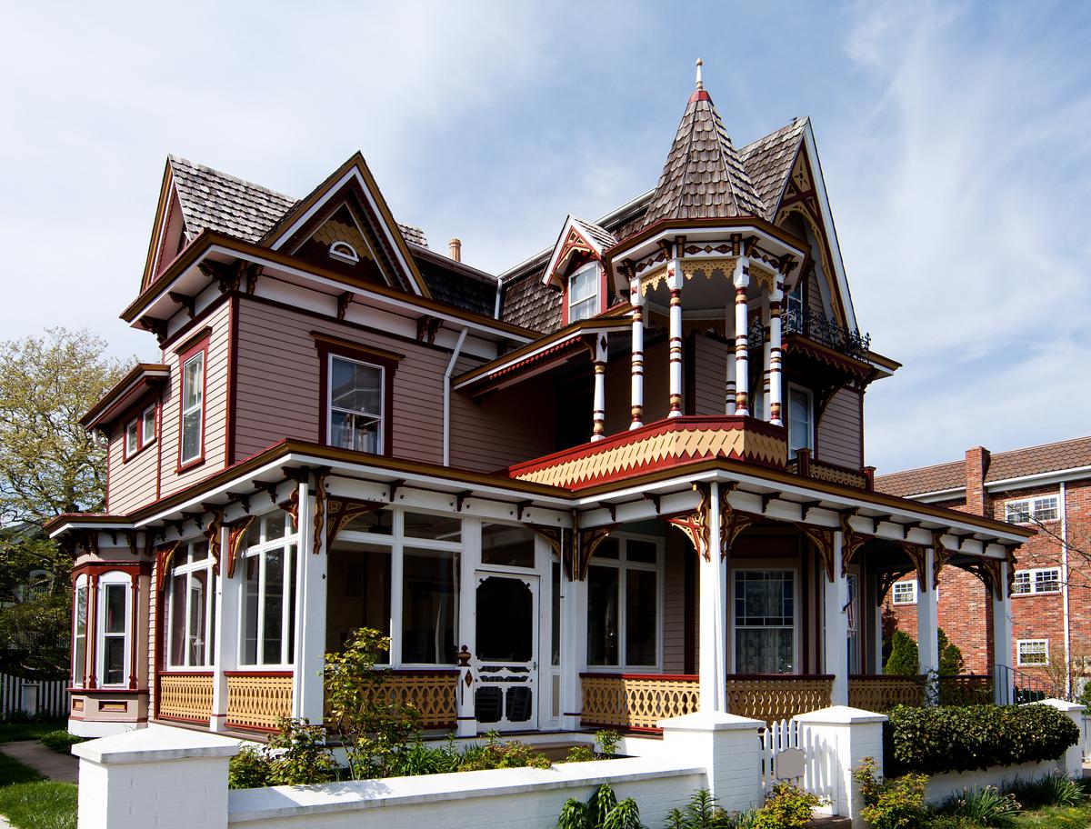 Victorian architecture is marked by octagonal towers and wraparound porches.