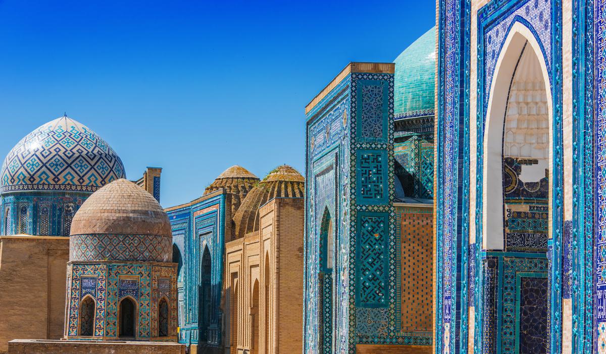 Some domes in Islamic architecture may be gilded, whereas others feature intricate mosaic tile matters such as in this example from Samarkand, Uzbekistan.