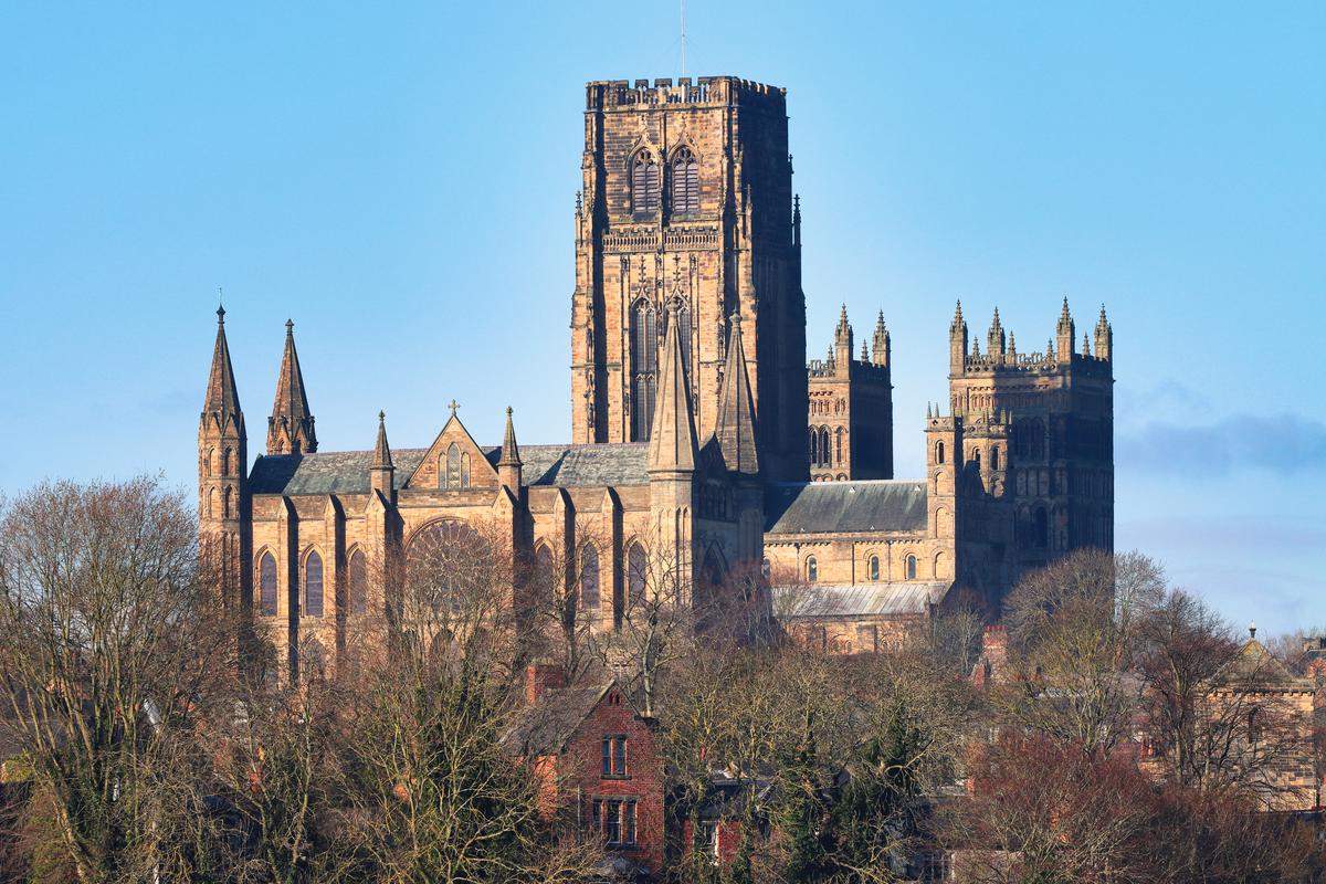 A primary example of Romanesque architecture, the Durham Cathedral in England is home to the shrine of St. Cuthbert.