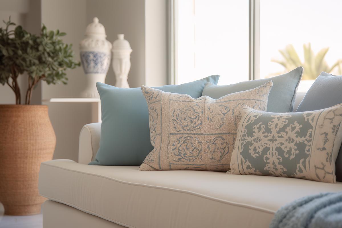 Greek Mediterranean design features white and blue tones inspired by the Aegean Sea, combined with airy spaces and simple furniture with ornate details.