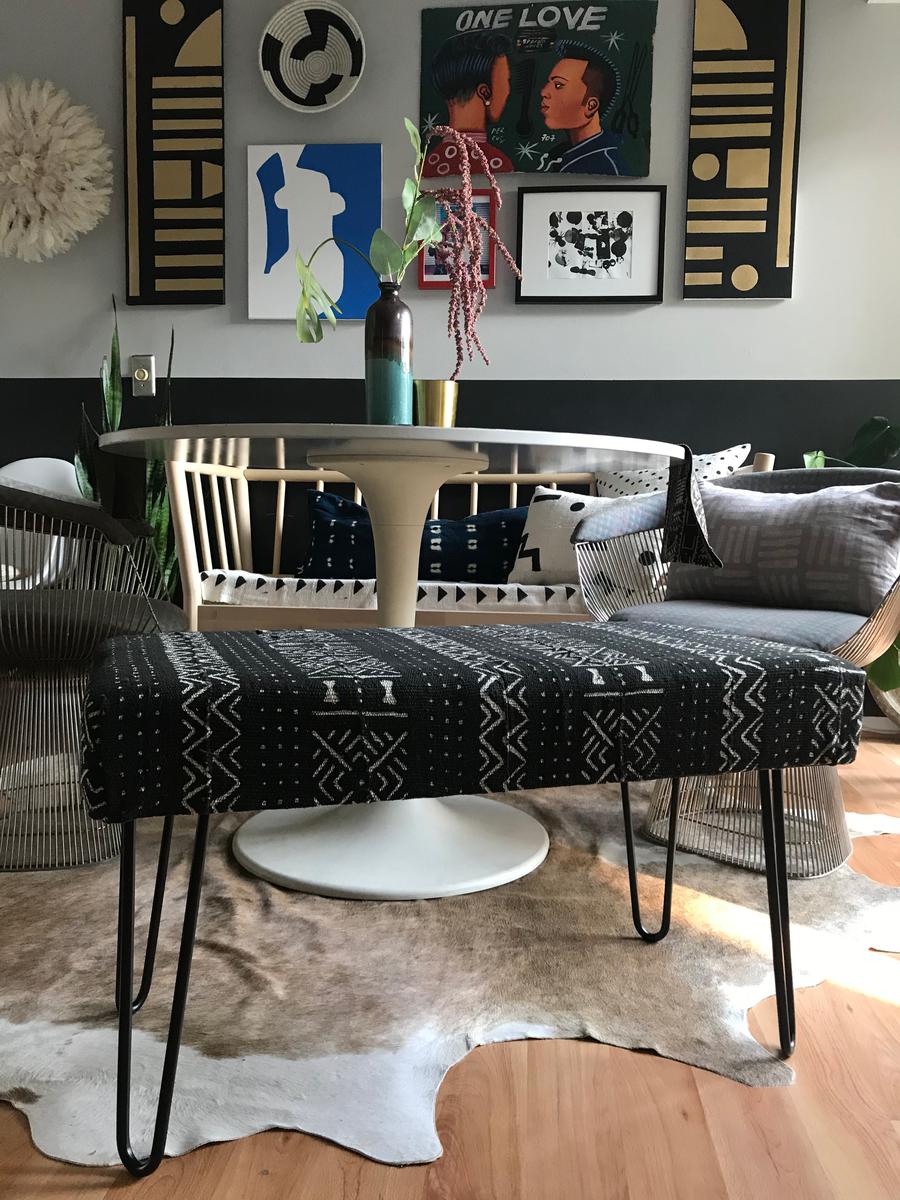 xN Industrial Chic Mudcloth bench. Also pictured: Batik Hash pillow and Sisal Geo basket. Image courtesy of xN Studio
